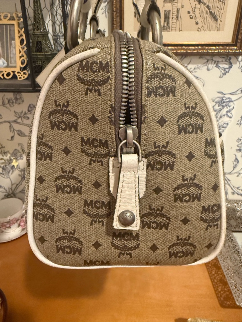 MCM Beige Monogram Mini Satchel with White Trim - Picture 9 of 10